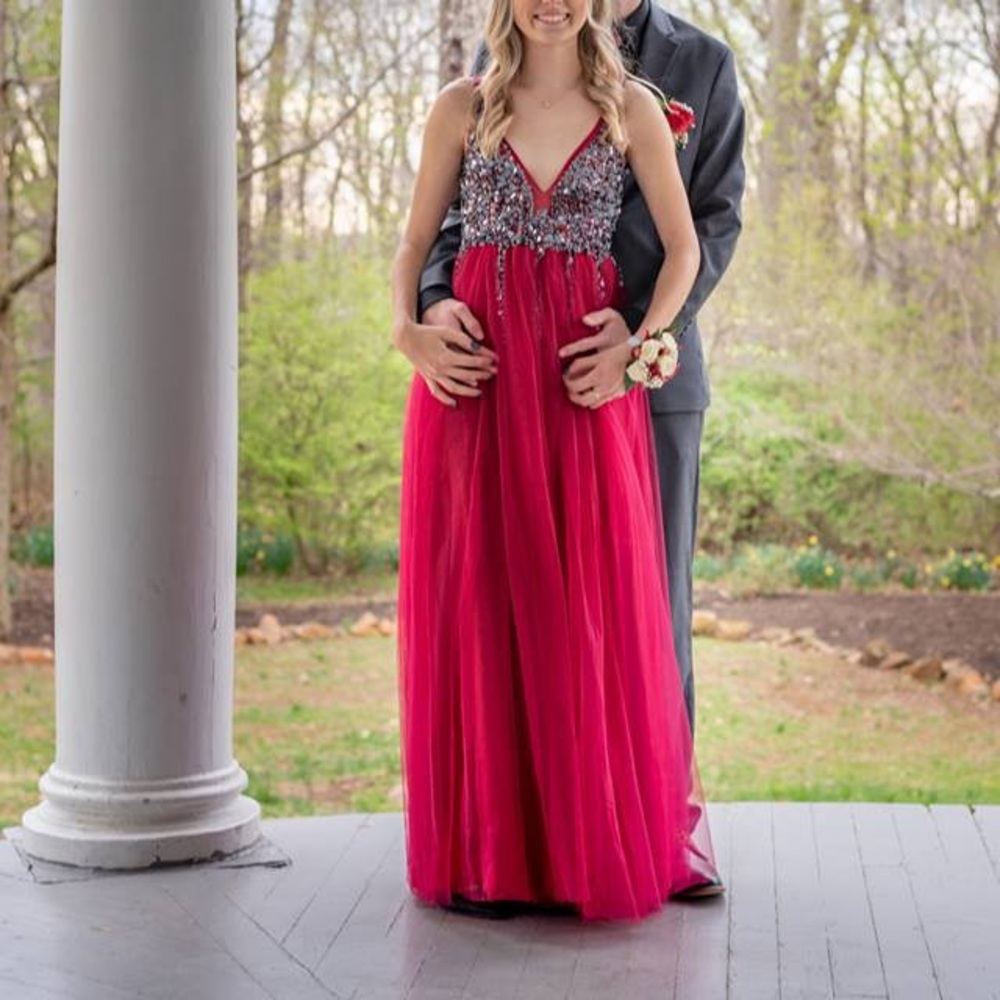 Red Sequined Low Back Prom Dress